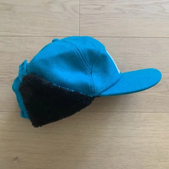 HOKA ONE ONE Wool Aviator Trapper Hat Blue Winter Ear Flap Ski Outdoor Cap - Picture 3 of 14